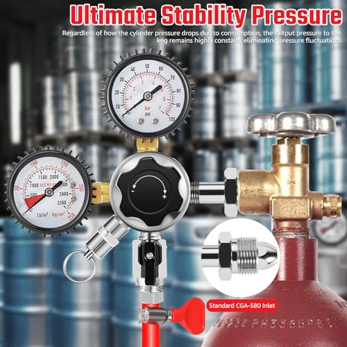 CGA580 Nitrogen Beer Regulator Nitrogen Tank Regulator, Dual Gauge Gas Regulator with 5Ft Beer Line, Nitrogen Keg Regulator with 2Pcs 5/16’’ Barbs Hose Clamps for Homebrew
