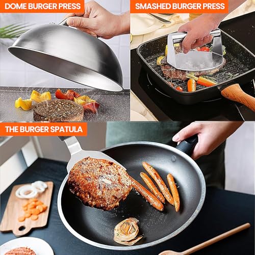 Burger Press Kit with Burger Smasher, 12'' Smash Burger Spatula, 9'' Basting Cover, & 50 Patty Papers for Smash Burgers, Hamburger Press Patty Maker, Smash Burger Press Kit (4pcs)