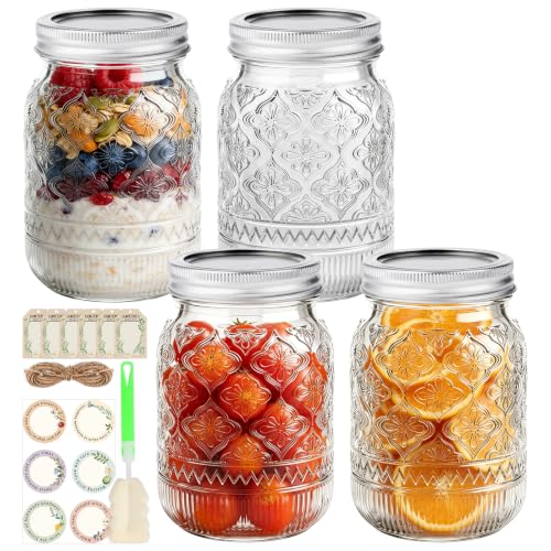 16oz Embossed Mason Jars 4-Pack, Regular Mouth Pint Glass Canning Jars | Airtight Seals, Ideal for Overnight Oats, Meal Prep, Pickling, Fermenting, Food Storage, DIY Crafts & Gifts - color: Clear07-16oz