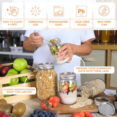 FastRack 32 oz Regular Mouth Mason Jars with Lids – Pack of 12 Quart Canning Jars | Empty, Reusable Airtight Large Glass Mason Jar for Food Storage, Pickling, Fermentation, Kombucha Brewing & Crafts - size: 32oz - 12 Pack