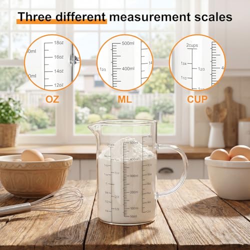 Graduated Glass Measuring Cup With Handle 500ML (16Oz, 2Cups) | High Borosilicate Liquid Measuring Cup for Baking Cooking Kitchen V-Shaped Spout Glass Measuring Beaker Easy To Read - size: 500ML (16Oz, 2Cups)