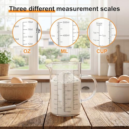 Graduated Glass Measuring Cup With Handle 500ML (16Oz, 2Cups) | High Borosilicate Liquid Measuring Cup for Baking Cooking Kitchen V-Shaped Spout Glass Measuring Beaker Easy To Read - size: 500ML (16Oz, 2Cups)