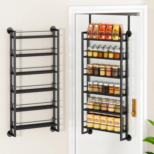 IBUYKE 6 Tier Over The Door Pantry Organizer,Wall Mounted Spice Rack,Door Hanging or Wall,Adjustable Hanging Storage Shelves,Spice Organization for Kitchen cabinet,Bathroom,Closet,Black UTLJ028B - color: Black, size: 6 Tier (adjustable)