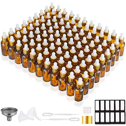 PrettyCare Glass Eye Dropper Bottles 99 Pack, 1oz (30ml) Amber Empty Thick Bottles Bulk with Leakproof Golden Caps - With Labels & Funnels for for Storage, Travel,Essential Oils, DIY Serums - color: 1oz Amber, style: 99 Pack