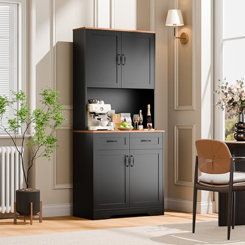 Cozy Castle Pantry Cabinet, Farmhouse Kitchen Hutch Cabinet with Storage Drawers Freestanding Coffee Bar Liquor Sideboard Large Countertop Cupboard for Dining Room, Living Room, 71'' Tall Black