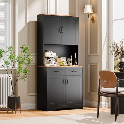 Cozy Castle Pantry Cabinet, Farmhouse Kitchen Hutch Cabinet with Storage Drawers Freestanding Coffee Bar Liquor Sideboard Large Countertop Cupboard for Dining Room, Living Room, 71'' Tall Black