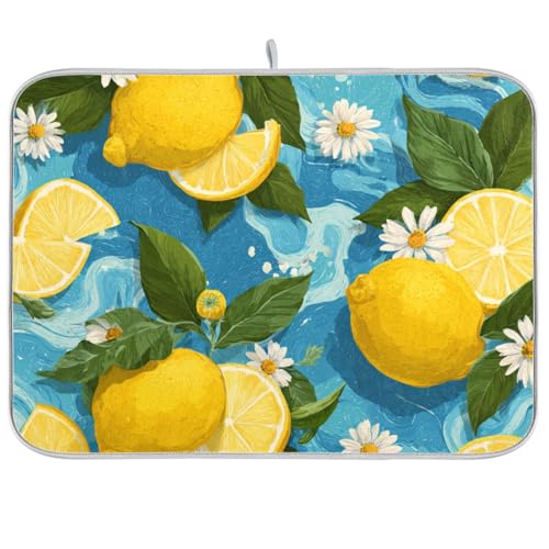 Blue Summer Wave Lemons Daisy Dish Drying Mat for Kitchen Counter Kitchen Drying Mat Dish Rack Mat Dish Drainer Pad Microfiber Absorbent Washable Drying Pad for Countertop 16 x 18 - color: Blue Summer Wave Lemons Daisy, size: 18'' x 24''