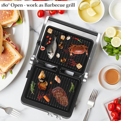 Panini Press,4 Slices Contact Grill with Removable Non-Stick Coated Grill and Flat Plates,Panini Makers with Temperature Control and Timer,Open 180 Degrees,Grill and Griddle (Half black with sus) - color: Half black with sus