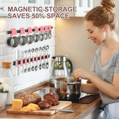 16-Piece Stainless Steel Measuring Cups and Spoons Set, Strong Magnetic Nesting Design 7 Cups 8 Spoons with Leveler, Double Measurement Markings for Dry & Liquid Ingredients, Pink - color: 16-Piece Pink