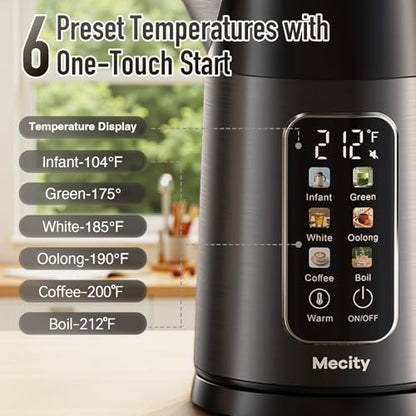 Mecity Electric Kettle 1.7L Touch Screen Temperature Control Water Boiler, No Plastic Contact with Water. 6 Preset Temperature Programs, 2 Hours Keep Warm, Auto Shut Off, Dark Grey - color: Grey & Black