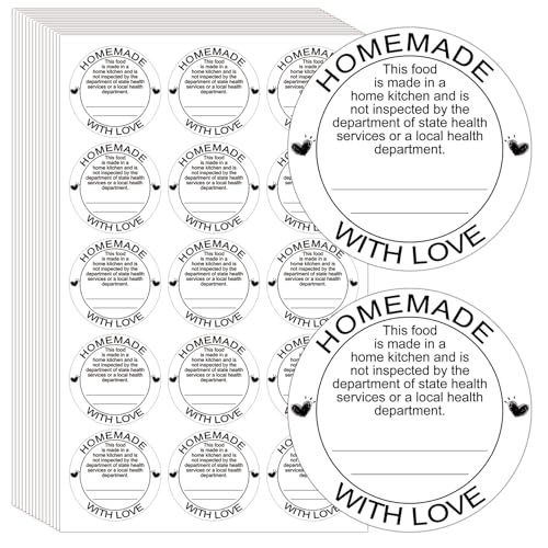 500 Pcs Cottage Food Law Homemade with Love Stickers 2 inch Home Kitchen Inspection Statement Labels Made in Home Kitchen Canning Jar Stickers of Personalized Baking (White) - color: White