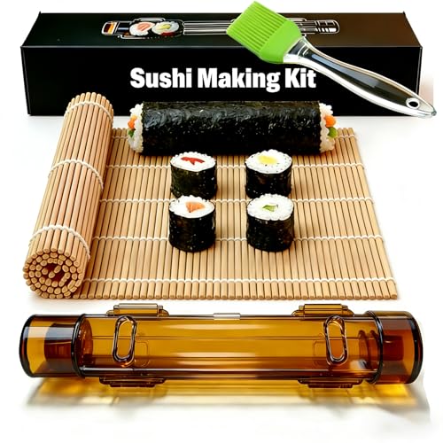 Sushi Making Kit – Clear Sushi Bazooka Roller & Bamboo Sushi Rolling Mat, Easy DIY Sushi Maker Tool Set for Beginners, Homemade Sushi Rolls for Kitchen & Party (Clear Amber) - color: Clear Amber