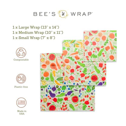 Bee's Wrap Beeswax Wraps for Food - 3 Pack of Assorted Beeswax Wraps - Small, Medium & Large Wrap - Plastic Free Made in USA Reusable Natural Food Wrap - Garden Party Print - style: 3 Pack (Garden Party)