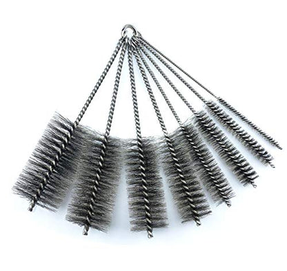 Pipe Cleaning Brush Set Stainless Steel Bristles, 8 Piece Variety Pack for Auto Parts, Bottles, Tubes, Etc.