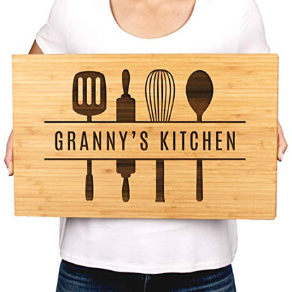 Andaz Press Large Bamboo Wood Cutting Board Gift, 17.75 x 11-inch, Granny's Kitchen, Utensils Graphic, 1-Pack, Laser Engraved Serving Chopping Board Christmas Birthday Chef Kitchen Ideas - color: Granny