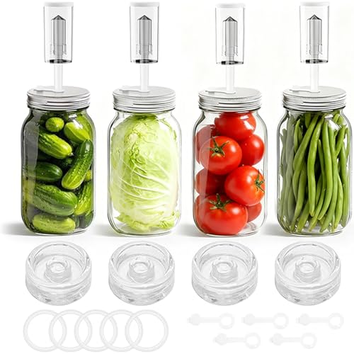 Fermentation Kit for Wide Mouth Mason Jars 8- Complete Pickling & Sauerkraut Set with Glass Weight, Stainless Steel Lid, Air Lock Valve, Silicone Seals (Jar Not Included)
