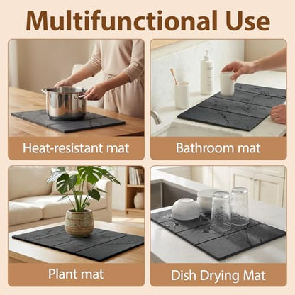 Large Stone Dish Drying Mat for Kitchen Counter,24"(L)×16"(W),Quick Dry Super Absorbent Drying Matt Kitchen Counter,Collapsible Diatomaceous Earth Dish Mats,for Dishes Bottles Cups,Any Countertop - color: Gray