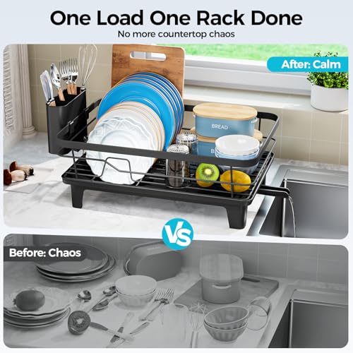 Urackify Dish Drying Rack for Kitchen Counter, Sink Dish Rack with Drainboard 12.2" W x 16.5" L, Large Dish Drainer with Cutlery Holder, Home Countertop Plate Dryer Storage Rack, Black - color: Black