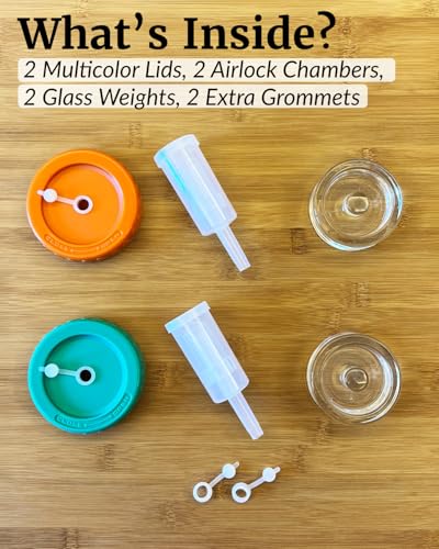 Elementi Fermentation Kit - Set of 2 Glass Fermenting Weights and Mason Jar Fermentation Lids for Wide Mouth Mason Jars - Sauerkraut & Pickling Kit - Make Perfect Kimchi Pickles & Sauerkraut at Home - style: Set of 2 - Easy Grip Weights & Lids