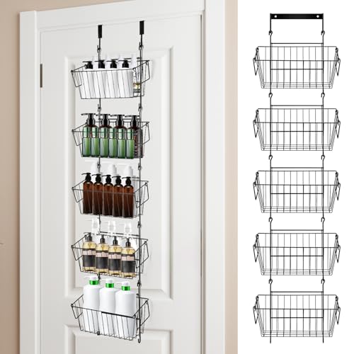 Over The Door Organizer – 5 Removable Hanging Baskets, Back of Door Storage for Bathroom, Kitchen, Pantry & Garage, No Tools Needed, 3 Installation Methods (Wall/Door Mount) Black - color: BLACK