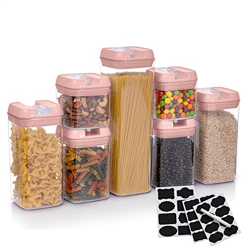 Set of 7 Airtight Food Storage Containers - Pantry Organizer Bins, BPA Free Plastic Containers plus Dry Erase Marker and Labels, Pink - color: Pink