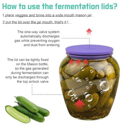 Wide Mouth Mason Jar Fermentation Lids – Silicone Fermenting Caps with Waterless Airlock, Self-Burping Fermenter Tops for Pickles, Kimchi, and Probiotic Foods, 3 Pack Purple (Jars Not Included) - color: Purple