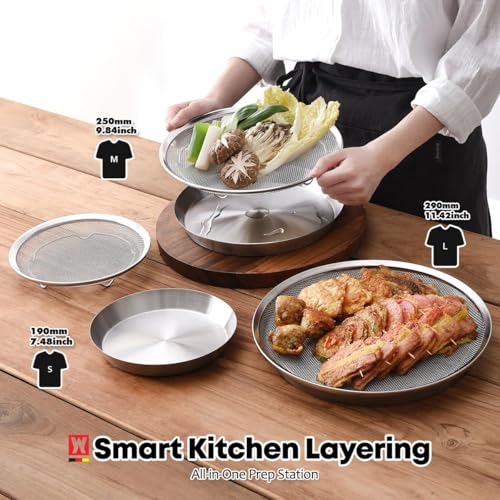 WAGENSTEIGER Stainless Steel Mesh Tray Set with Drip Pan, Air Fryer Basket and Tray, Kitchen Colander, Vegetable and Fruit Strainer, Food Filter, BBQ Prep Tool, Fruit Serving Dishes (11.42 inch) - size: 11.42 inch