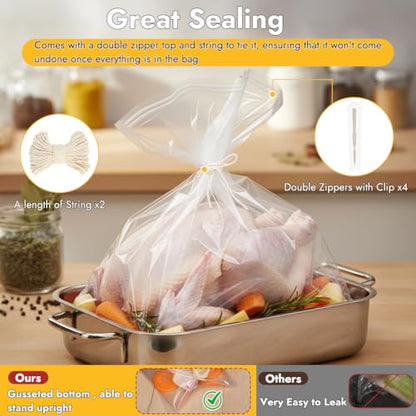 YQL Brining Bags - 4 Pack, 22"x26", Holds Up to 35lb with Cotton Strings, Double Zipper Seal, Ideal for Turkey, Chicken, Pork, Ham, Large Roasts, Brining& Marinating - size: 4PCS