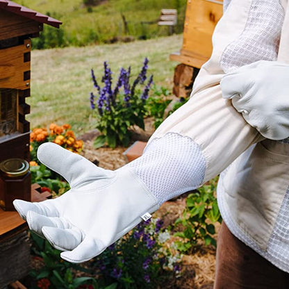Beekeeping Gloves Ventilated Goatskin Leather with Long Canvas Sleeve – Sting Resistant Protective Bee Keeper Gloves for Maximum Comfort & Grip (BP-122 White XXL) - size: 2XL