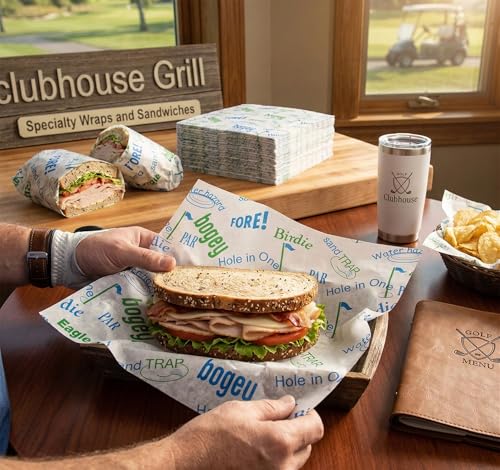 MADE IN USA 1,000 Sheets of Grease-Resistant Food Grade Waxed Kraft Deli Tissue Paper, 12" X 12" (Golf Print) - color: Golf Print