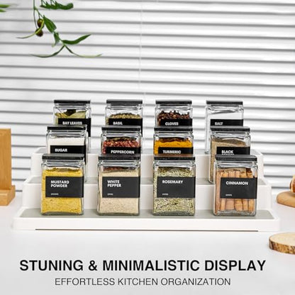 Glass Spice Jars with Bamboo Lid, 4oz Square Spice Containers for Pantry Organization, Seasoning Bottles with Labels, Spoons, Funnel for Salt Sugar - color: Black