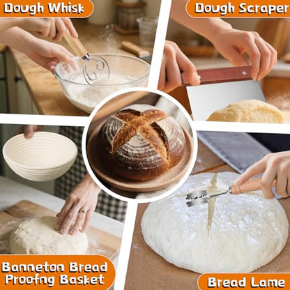 Dimpola Banneton Bread Proofing Basket Banneton Basket Set Sourdough Proofing Basket Round Proofing Bowls Handmade Rattan Baskets and Liners (Round of 1 Gift Set) - style: Round of 1 Gift Set