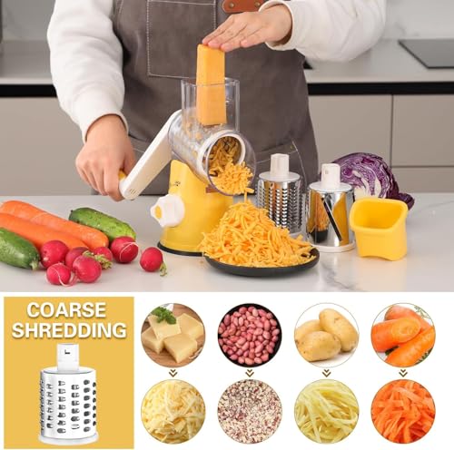 Cambom Rotary Cheese Grater Hand Crank Cheese Shredder for Fresh Cheese, Vegetable, Nuts,Non-slip Suction Base, Free Cleaning Brush Three Blades,Yellow - color: Yellow, size: 3 BLADES