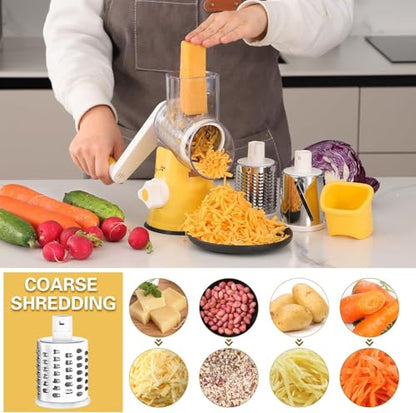 Cambom Rotary Cheese Grater Hand Crank Cheese Shredder for Fresh Cheese, Vegetable, Nuts,Non-slip Suction Base, Free Cleaning Brush Three Blades,Yellow - color: Yellow, size: 3 BLADES
