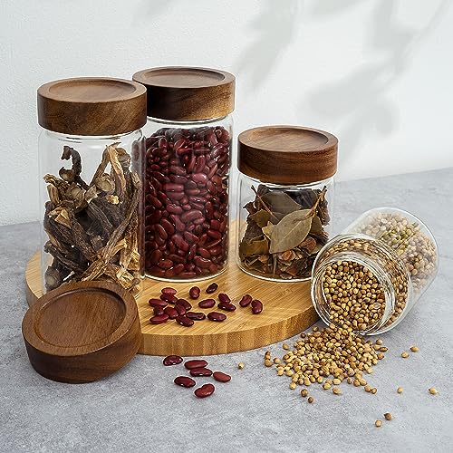 2PCS Small Glass Storage Jars with Airtight Lids, 19.3 fl oz (560ml) coffee container with Wooden Lid, Glass Pantry Canister for Beans, Rice, Sugar and etc - color: clear -（2PCS，19.3FL OZ/560ML）
