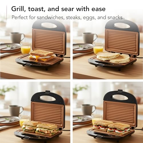 OVENTE Electric Panini Press Grill with Nonstick Plates, LED Indicator Lights, Thermostat Control, Compact Sandwich Maker Perfect for Cooking Breakfast, Steaks, Eggs Snacks & More, Copper GP0110CO - color: GP0110CO