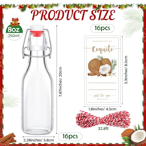 Havawish 16 Pcs Merry Christmas 8 oz Coquito Swing Top Glass Bottles with Airtight Cap Lids Labels Clear Flip Top Bottles with Stoppers for Homemade Christmas Home Brewing Beer Beverages(Coconut) - style: Coconut