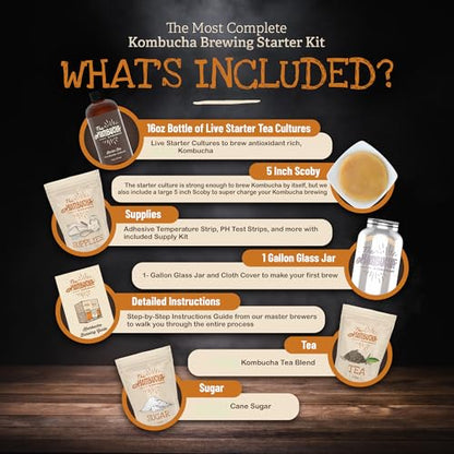 Kombucha Home Brewing Starter Kit | 5-Inch Large Scoby | Complete Kit with 16 oz Starter Tea, Brewing Jar & Supplies | Brew Unlimited Kombucha