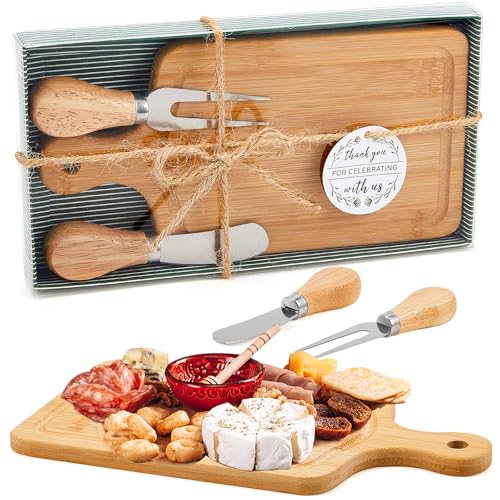 Ziliny 1 Set Bridal Baby Shower Cheese Prizes Wooden Square Board Gift Set Knives Forks Thank You Tags with Box for Guests for Valentines Bridal Baby Shower Housewarming Gifts (Bamboo Color) - color: Bamboo Color