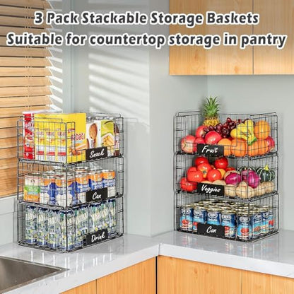 JKsmart 3 Pack XXL Stackable Wire Baskets with Handles for Pantry Storage and Organization, Fruit and Vegetable Basket with Name Plates, Metal Storage Bins for Snack Can Fruit Veggies, XXL - size: XXL-16.34"x12.01"x23.61"