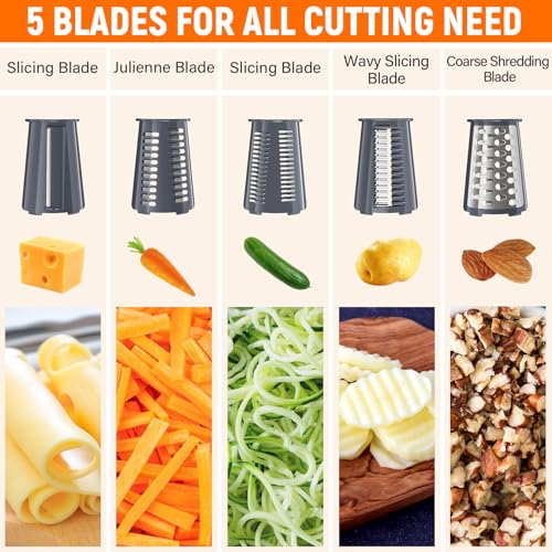 Rotary Cheese Grater Hand Crank with 5 Interchangeable Blades, Vegetable Slicer Chopper for Fruit Vegetable Nuts, Mandoline Slicer for Kitchen with Blades Rack & Suction Base, Grey - color: Gray