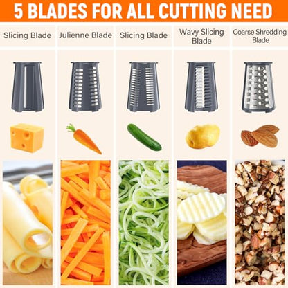 Rotary Cheese Grater Hand Crank with 5 Interchangeable Blades, Vegetable Slicer Chopper for Fruit Vegetable Nuts, Mandoline Slicer for Kitchen with Blades Rack & Suction Base, Grey - color: Gray