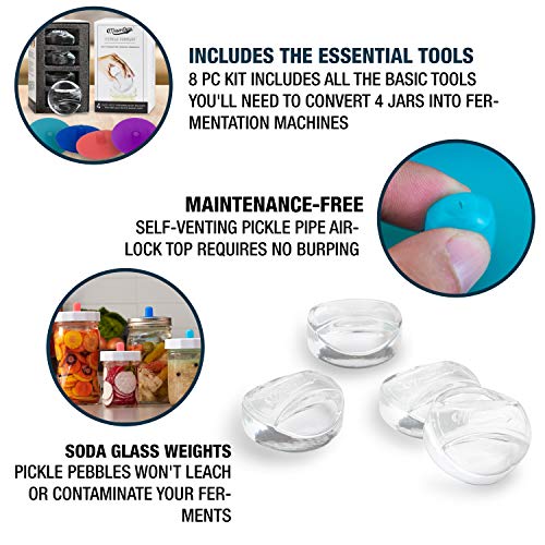 Masontops 8 PC Pickle Pebbles Glass Weight & Pickle Pipe Airlocks Kits - Large Wide Mouth Lid - For Pickling & Canning - size: Wide Mouth