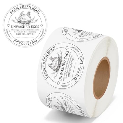 PANTIDE Farm Fresh Eggs Carton Labels Stickers - 500 Count Unwashed Eggs Packaging Adhesive Round Decal Roll, Market Egg Handling Sticker Collected Date for Chicken Quail Duck (2 x 2 Inch, White) - color: Eggs White