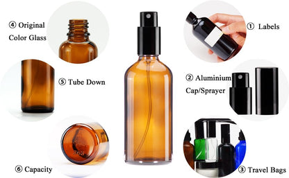 YIZHAO Amber Glass Spray Bottles 4oz, with Small Fine Mist Spray, Metal Cap, Refillable for Essential Oil,Travel,Cleaning,Perfume,Aromatherapy,Makeup – 9 Pcs - color: Amber, size: 100ml-9
