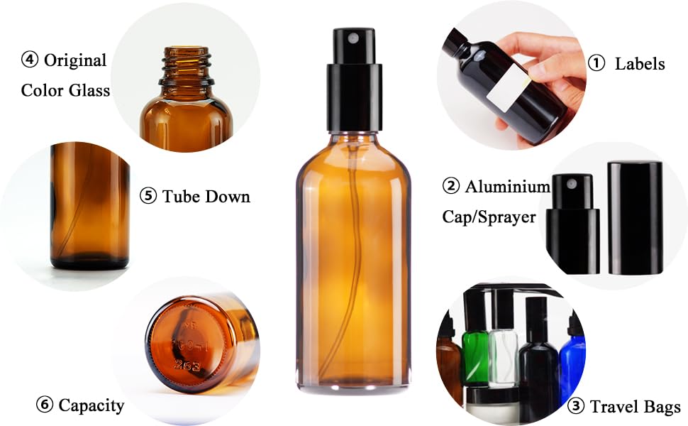 YIZHAO Amber Glass Spray Bottles 4oz, with Small Fine Mist Spray, Metal Cap, Refillable for Essential Oil,Travel,Cleaning,Perfume,Aromatherapy,Makeup – 4 Pcs - color: Amber, size: 100ml-4