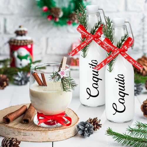 Sieral 12 Pack Christmas Coquito Bottle 8oz Clear Glass Flip Swing Top Beer Brewing Bottles with Ribbon and Artificial Branches for Liquids Wine Christmas Party Xmas Gifts - style: Coquito