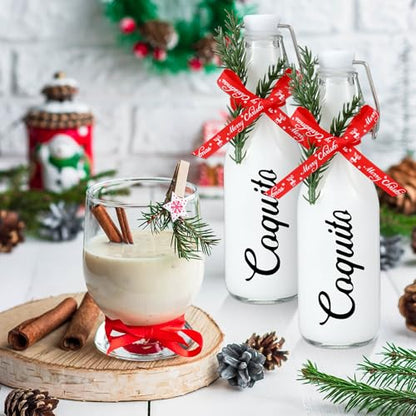 Sieral 12 Pack Christmas Coquito Bottle 8oz Clear Glass Flip Swing Top Beer Brewing Bottles with Ribbon and Artificial Branches for Liquids Wine Christmas Party Xmas Gifts - style: Coquito