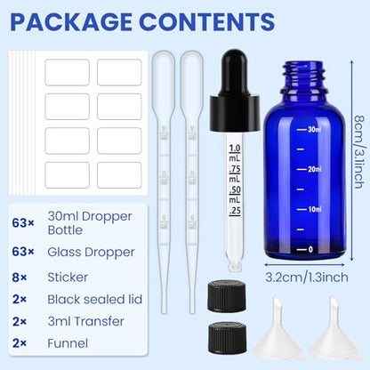UPBUD 63 Pcs 1oz Blue Glass Dropper Bottles with Measurement, 30ml Leakproof Tincture Bottles with Funnels, Eye Droppers, Extra Caps & Labels, Refillable Empty Bottles for Tinctures, Essential Oils - color: Blue-1oz, size: 1oz