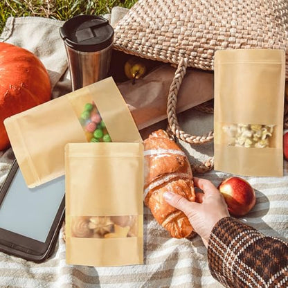 Geosar 600 Pcs Stand up Kraft Pouches with Window 6 x 9 Inch Kraft Paper Sealable Pouches with Notch Heat Sealable Resealable Bags for Small Business, Zipper Food Storage for Packaging, Snacks - size: 6 x 9 Inch